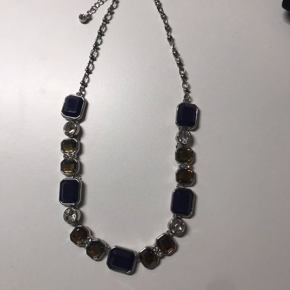 Lia Sophia Drama Club Statement Necklace | Blue & Amber Crystal Silver Tone